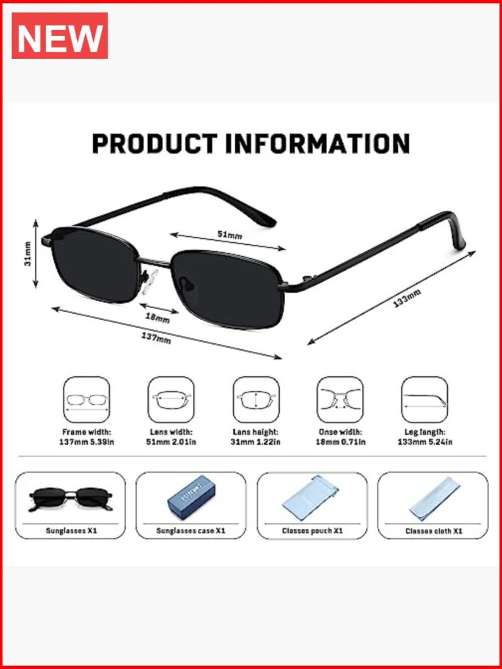 Retro Small Rectangle Sunglasses UV400 Protection Metal Frame - Picture 5 of 7
